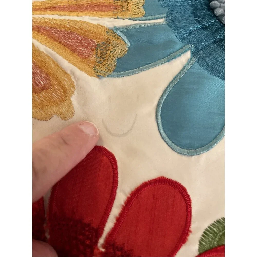 Pier 1 Embroidered Floral Appliqué Case Only Red‎ Blue Green Yellow 18X 18 Satin
